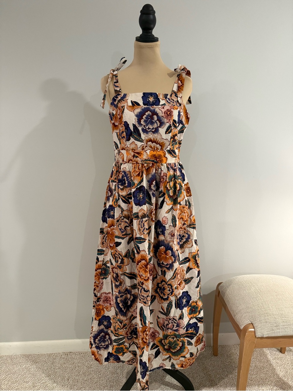 Rachel Zoe Cream Midi Dress with Navy and Rust Floral Print